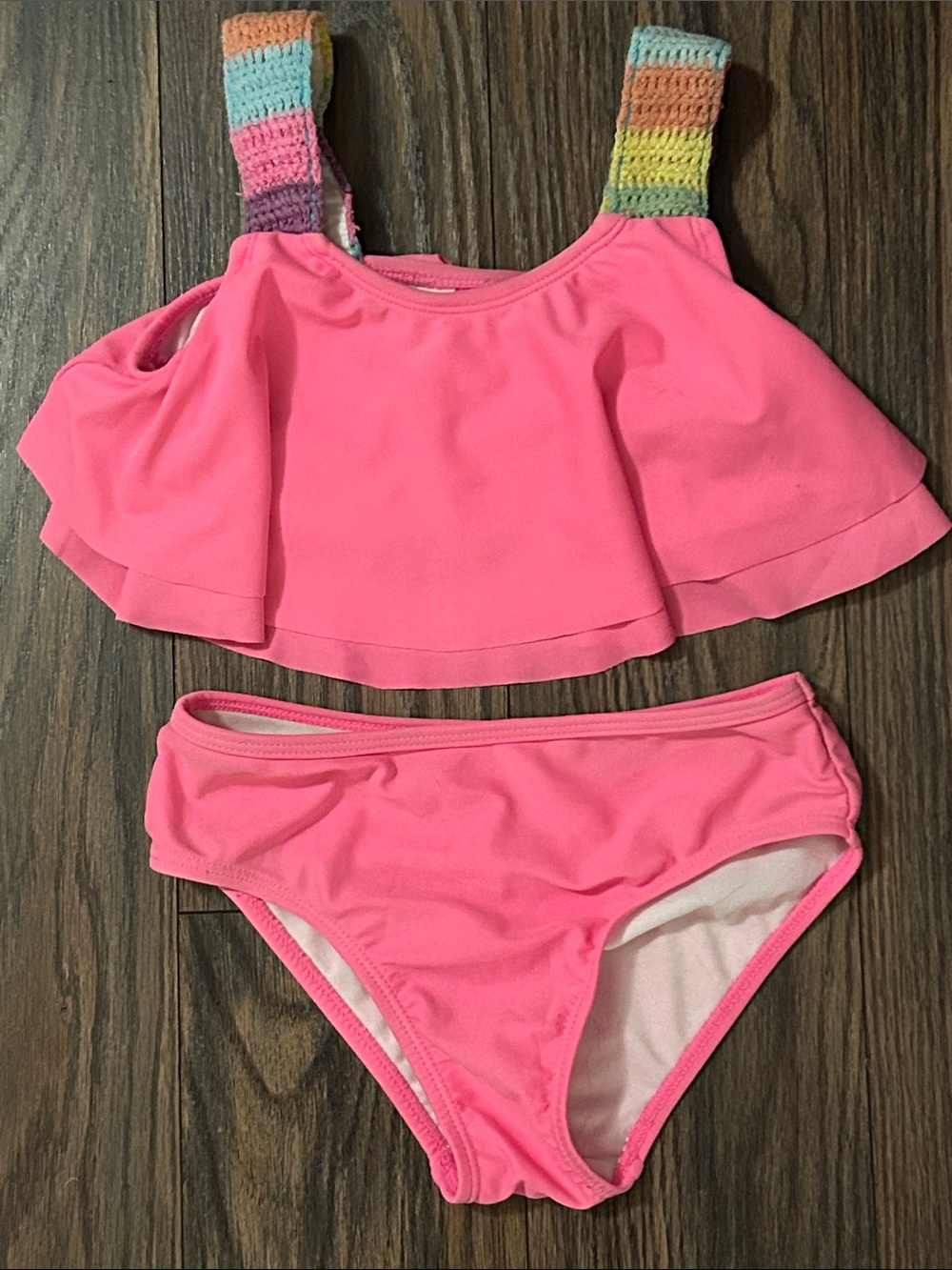 Betsey Johnson Pink Two-Piece Ruffle Swimsuit with Crochet Straps